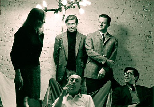 L-R: standing, Patsy Southgate, Bill Berkson, John Ashbery; seated, Frank O’Hara, Kenneth Koch. O’Hara’s loft, 1964. Photograph: Mario Schifano.