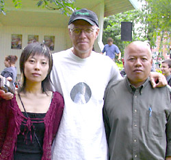 Left to right: poets Yin Lichuan, Ron Padgett, Yu Jian; Nassjo, Sweden, 2002.