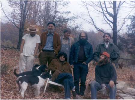 Allen Ginsberg's Committee on Poetry, Inc. farm, Cherry Valley, New York October 1969. From left, standing: Julius Orlovsky, Lawrence Ferlinghetti, Gordon Ball, Allen Ginsberg, Robert Creeley. Front, seated: Gregory Corso, Peter Orlovsky.