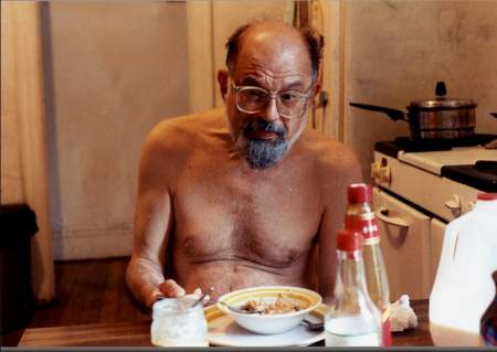Allen Ginsberg at midmorning breakfast, E. 12th Street apt., June 22, 1991. Photo Copyright (c) Gordon Ball, 2006