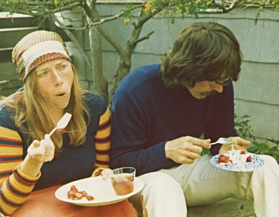 1973-1976,  KF, during directorship of SF Poetry Center, at party in her backyard celebrating NEA funding for American Poetry Archives grant, shown with Gordon Craig, archive video technician.