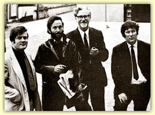 	Two Group members, Michael Longley (far left) and Seamus Heaney (far right), with poets Derek Mahon and John Hewitt. Photo courtesy The Lewis H. Beck Center for Electronic Collections, Emory University.