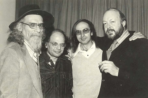 From right to left: Joel Oppeneheimer, Allen Ginsberg, Michael Rumaker and JW at the 25th anniversary of Gotham Book Mart, February 14, 1976. Photo by Shelley M Brown.
