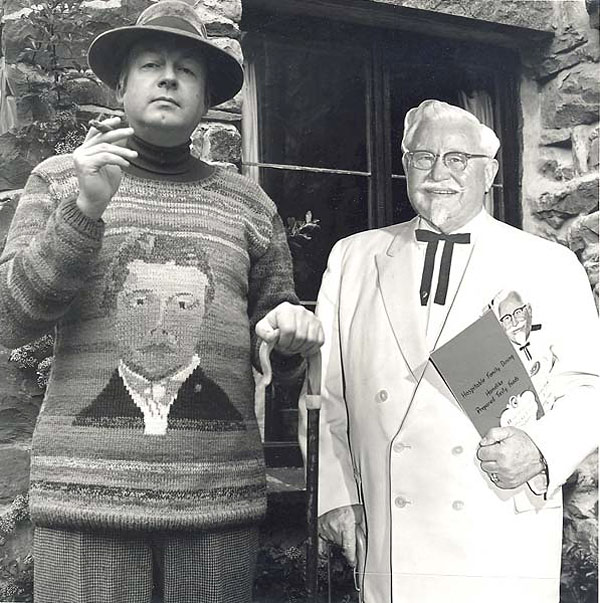 Colonel Williams and Colonel Sanders at Corn Close, 1976. JW's Sweater designed by Astrid Furnival features an image of Samuel Palmer. Photo by Joseph Anderson.