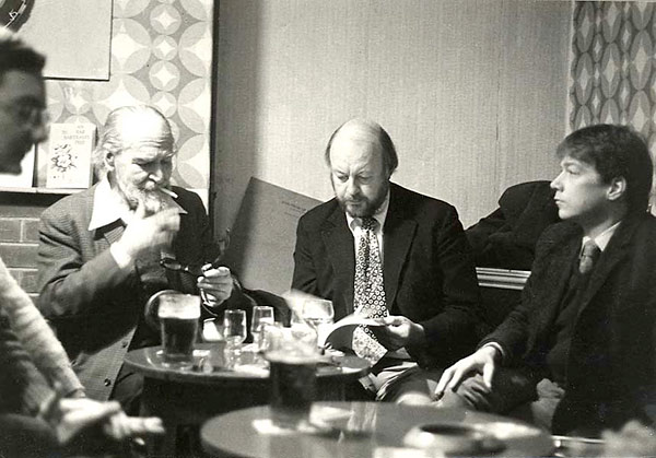 From left to right: Basil Bunting, JW and Thomas Meyer  at the back bar, Hotel Durham, during a November 18, 1977 Colpitts Reading Series event organized by Richard Caddel. Photo by David James.