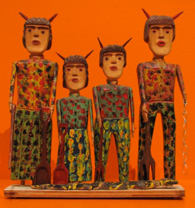 Carl McKenzie: Devil Family with Serpent, early 1980s, metal wire carved and painted wood