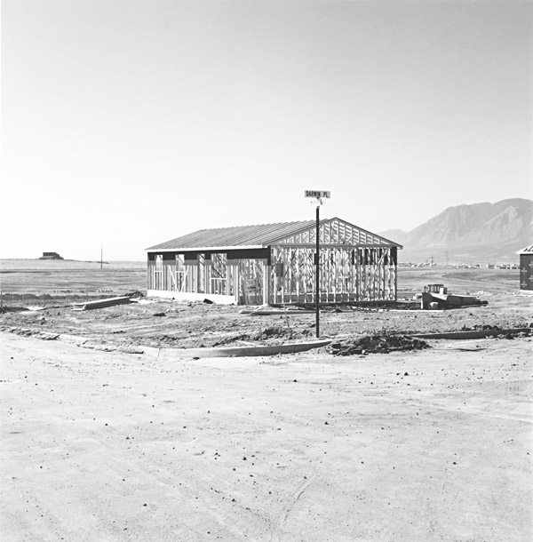 Robert Adams photo: Frame for a Tract House, Colorado Springs, Colorado, 1969; courtesy Fraenkel Gallery, San Francisco, © Robert Adams and the Fraenkel Gallery