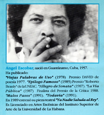 Angel Escobar, author photo. Back cover of original Chilean edition of _Abuso de confianza_ (Santiago, Kipus 21 Editora, 1992). The book was subsequently reprinted in Cuba.