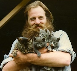 Bob Arnold and new spring kittens, 1984 photo Susan Arnold